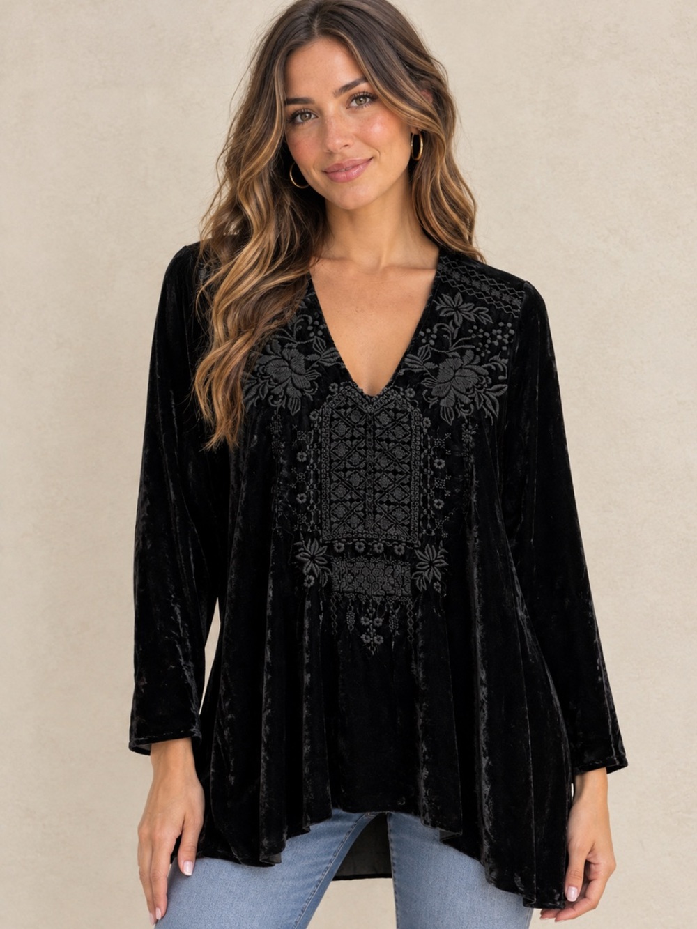 NWT $199 Johnny Was Sassi Velvet Tunic Embroidered Top Black